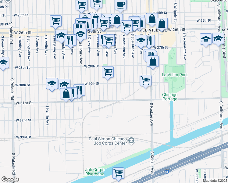 map of restaurants, bars, coffee shops, grocery stores, and more near 3031 South Homan Avenue in Chicago