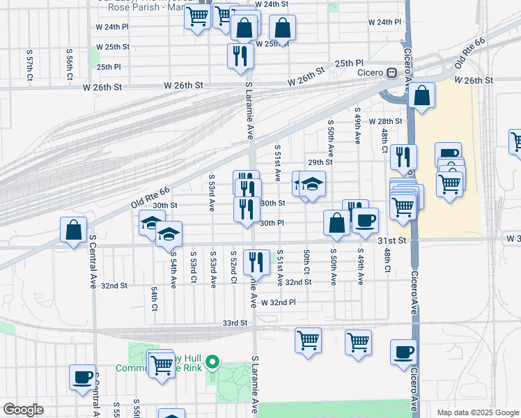 map of restaurants, bars, coffee shops, grocery stores, and more near 5117 West 30th Street in Cicero