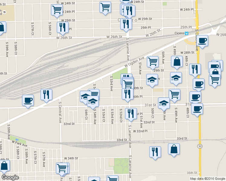 map of restaurants, bars, coffee shops, grocery stores, and more near 5241 West 30th Street in Cicero