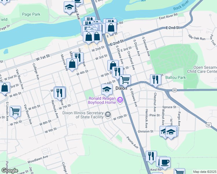 map of restaurants, bars, coffee shops, grocery stores, and more near 610 Peoria Avenue in Dixon