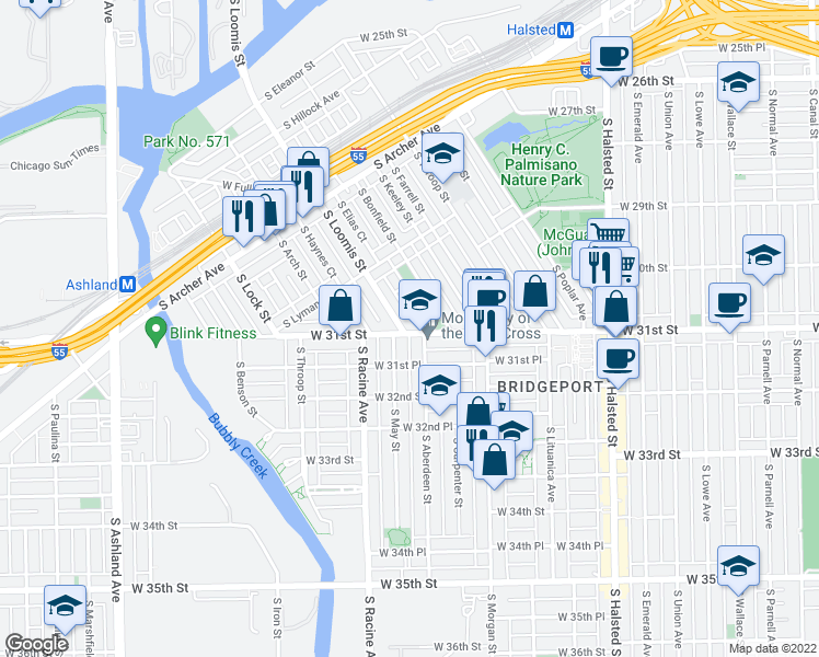 map of restaurants, bars, coffee shops, grocery stores, and more near 1104 West 31st Street in Chicago