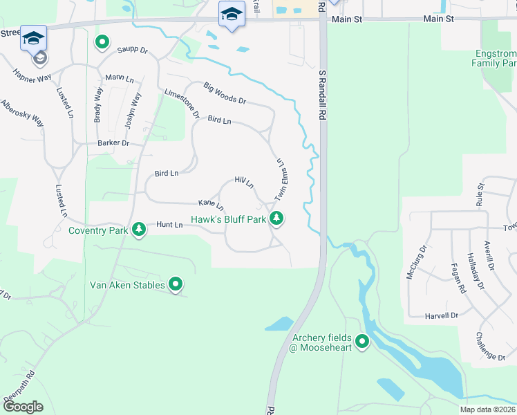 map of restaurants, bars, coffee shops, grocery stores, and more near 2212 Hill Lane in Batavia