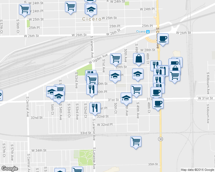 map of restaurants, bars, coffee shops, grocery stores, and more near 5059 West 30th Street in Cicero