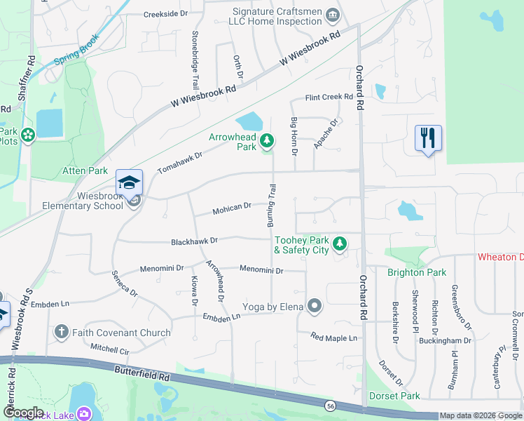 map of restaurants, bars, coffee shops, grocery stores, and more near 26W051 Mohican Drive in Wheaton