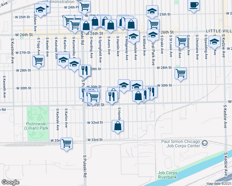 map of restaurants, bars, coffee shops, grocery stores, and more near 3020 South Hamlin Avenue in Chicago