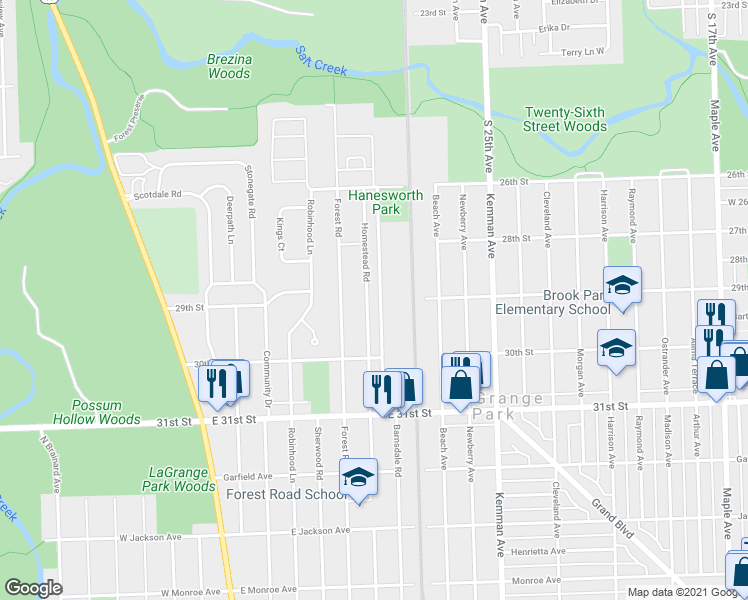 map of restaurants, bars, coffee shops, grocery stores, and more near 1249 Homestead Road in La Grange Park