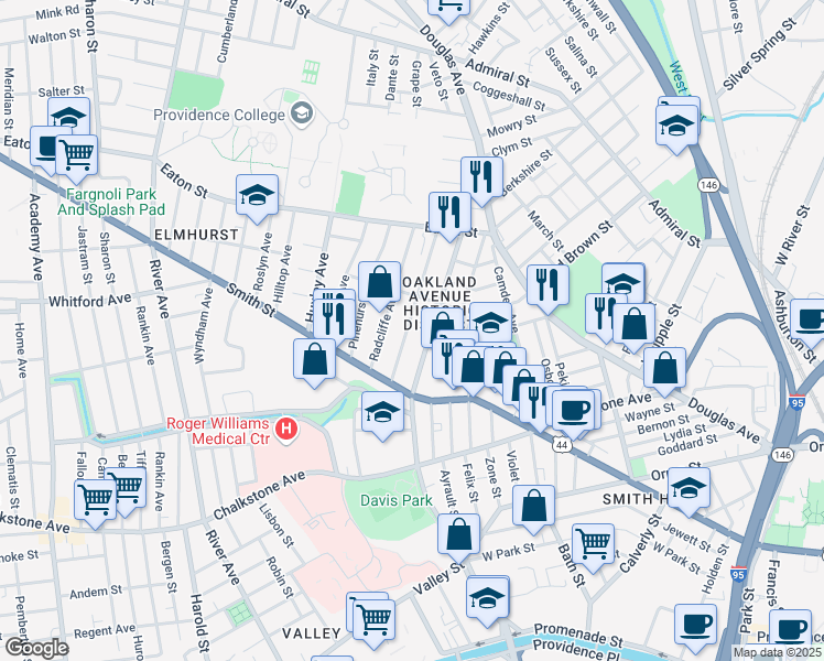 map of restaurants, bars, coffee shops, grocery stores, and more near 120 Oakland Avenue in Providence