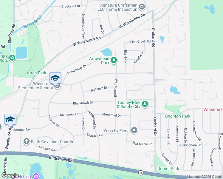 map of restaurants, bars, coffee shops, grocery stores, and more near 26W051 Mohican Drive in Wheaton