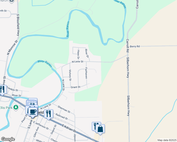 map of restaurants, bars, coffee shops, grocery stores, and more near 402 Woodmont in Blissfield