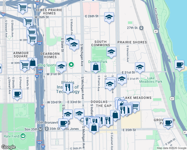 map of restaurants, bars, coffee shops, grocery stores, and more near 3112 South Prairie Avenue in Chicago