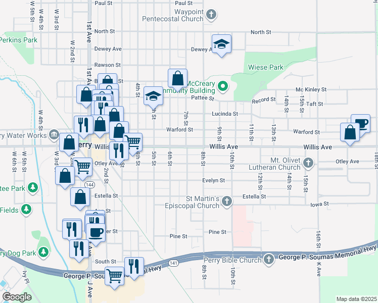 map of restaurants, bars, coffee shops, grocery stores, and more near 1701 Willis Avenue in Perry