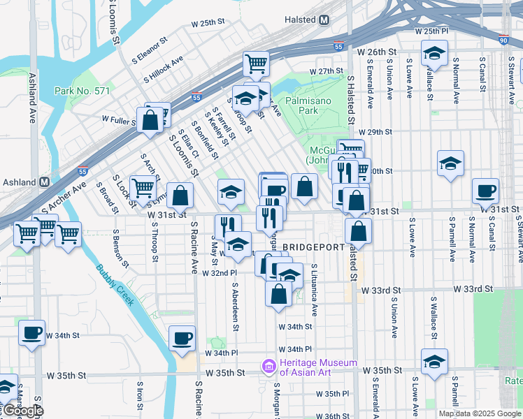 map of restaurants, bars, coffee shops, grocery stores, and more near 1012 West 31st Street in Chicago