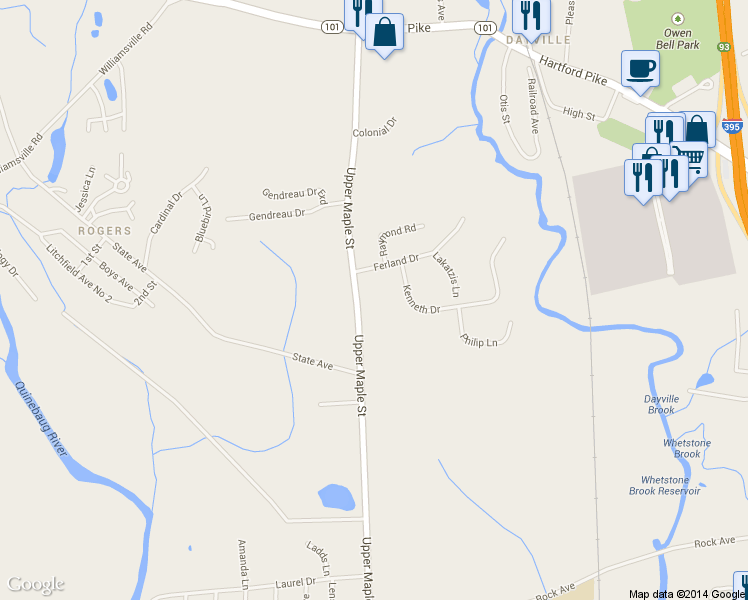 map of restaurants, bars, coffee shops, grocery stores, and more near 950 Upper Maple Street in Killingly