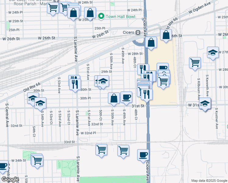 map of restaurants, bars, coffee shops, grocery stores, and more near 4929 West 30th Street in Cicero