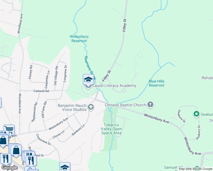 map of restaurants, bars, coffee shops, grocery stores, and more near 12 Filley Street in Bloomfield