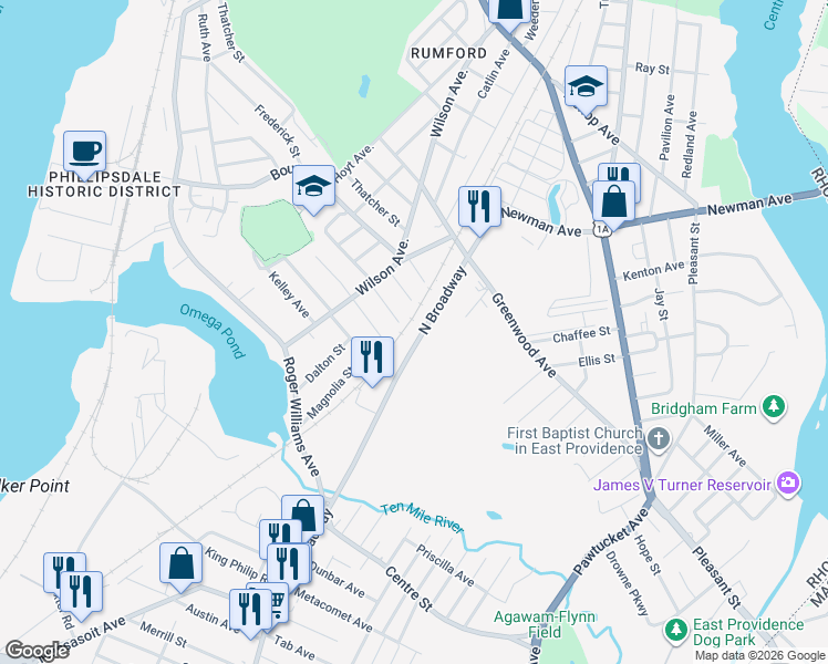 map of restaurants, bars, coffee shops, grocery stores, and more near 90-92 North Broadway in East Providence