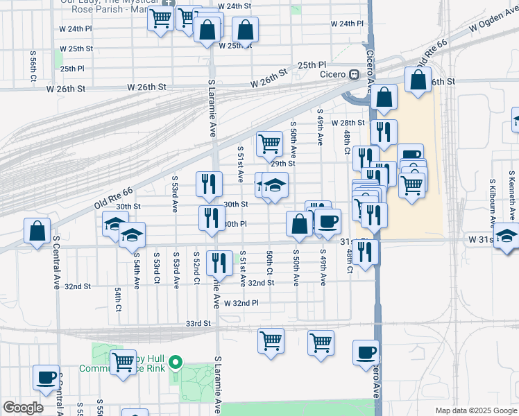 map of restaurants, bars, coffee shops, grocery stores, and more near 5045 West 30th Street in Cicero
