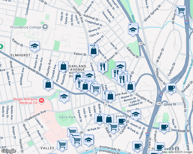 map of restaurants, bars, coffee shops, grocery stores, and more near 65 Osborn Street in Providence