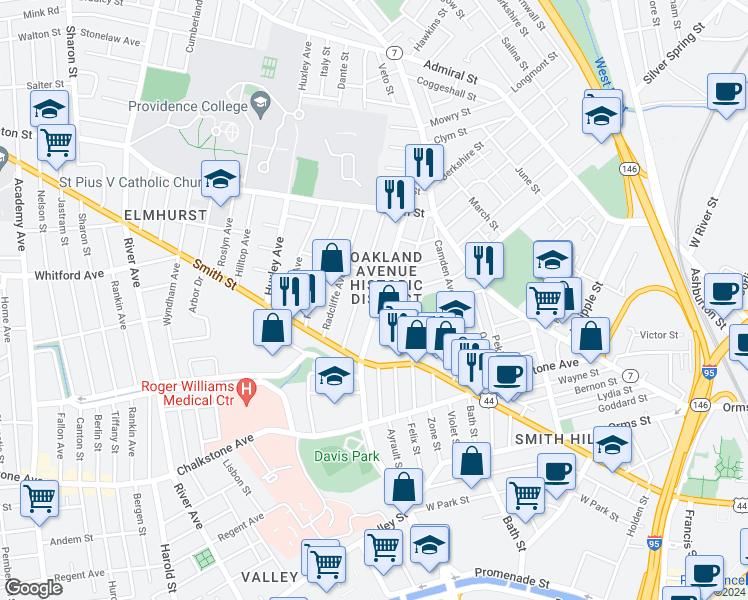 map of restaurants, bars, coffee shops, grocery stores, and more near 120 Oakland Avenue in Providence