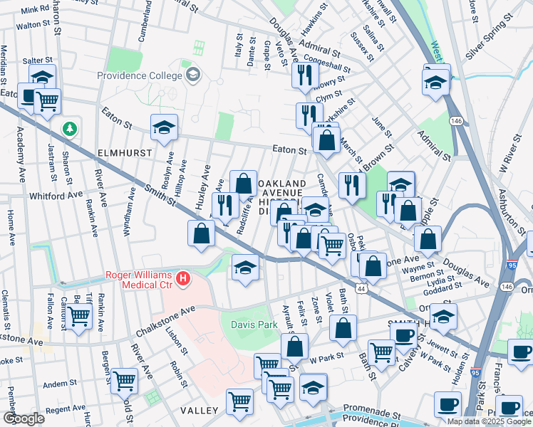 map of restaurants, bars, coffee shops, grocery stores, and more near 120 Oakland Avenue in Providence
