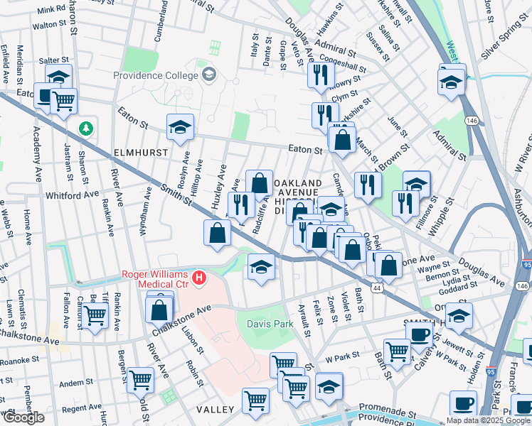 map of restaurants, bars, coffee shops, grocery stores, and more near 41 Radcliffe Avenue in Providence