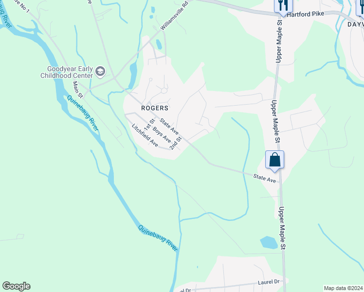 map of restaurants, bars, coffee shops, grocery stores, and more near 6 Boys Avenue in Killingly