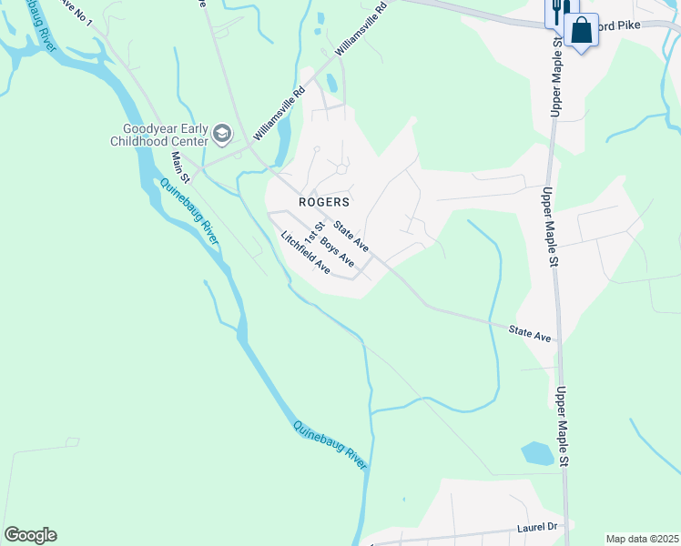 map of restaurants, bars, coffee shops, grocery stores, and more near 7 Litchfield Avenue in Killingly