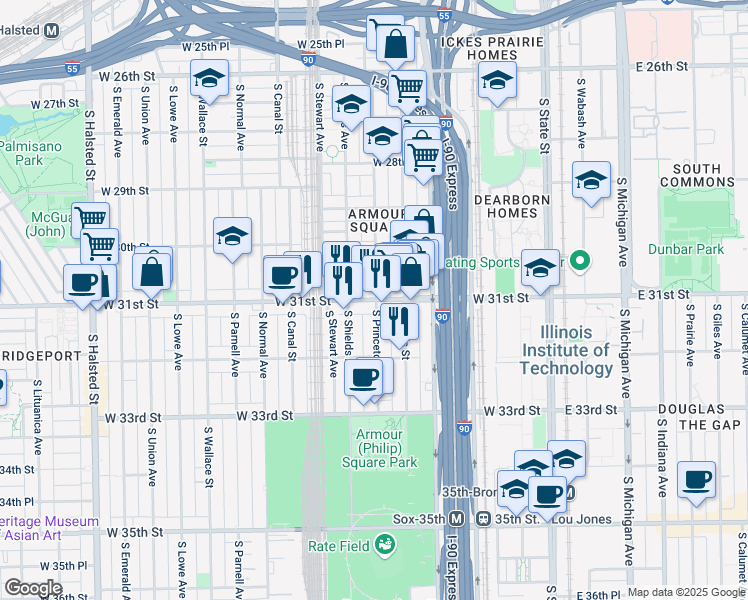 map of restaurants, bars, coffee shops, grocery stores, and more near 311 West 31st Street in Chicago