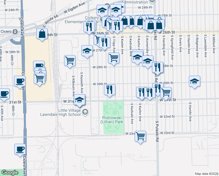 map of restaurants, bars, coffee shops, grocery stores, and more near 3016 South Kildare Avenue in Chicago