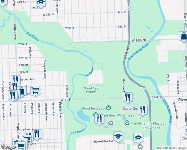 map of restaurants, bars, coffee shops, grocery stores, and more near 8700 West 31st Street in Brookfield