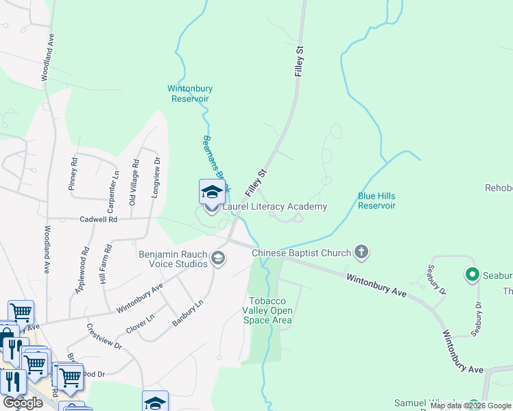 map of restaurants, bars, coffee shops, grocery stores, and more near 12 Filley Street in Bloomfield