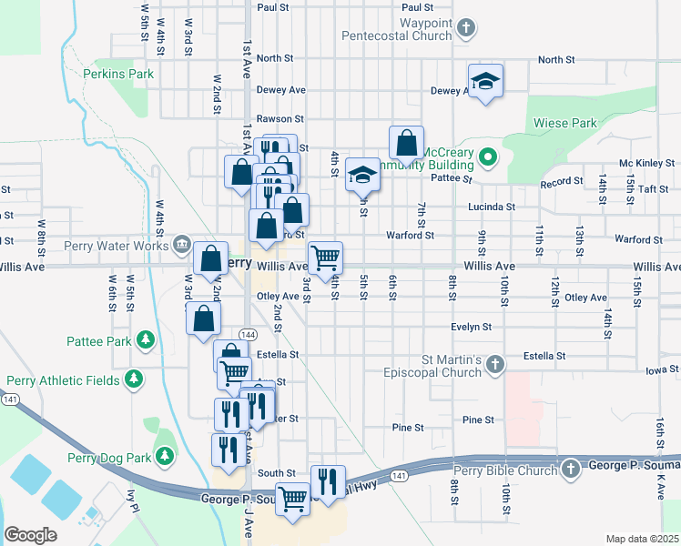 map of restaurants, bars, coffee shops, grocery stores, and more near 1401 Willis Avenue in Perry