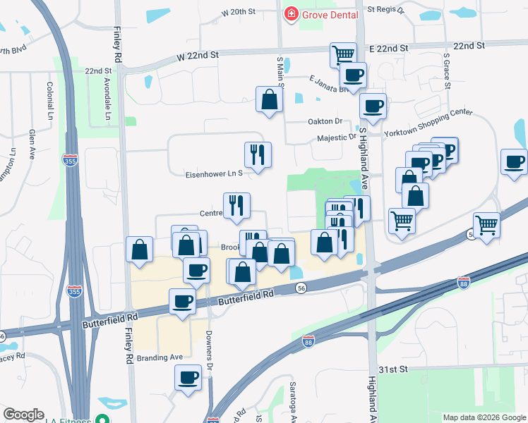 map of restaurants, bars, coffee shops, grocery stores, and more near 2801 Centre Circle in Downers Grove