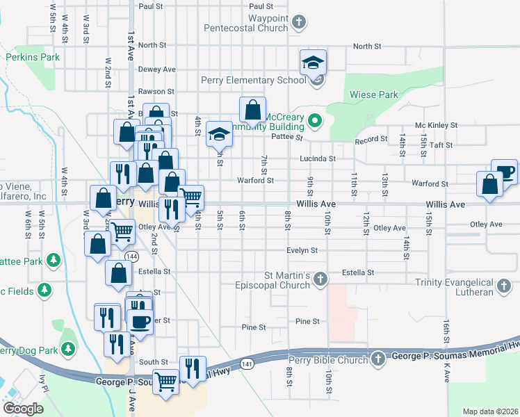 map of restaurants, bars, coffee shops, grocery stores, and more near 1701 Willis Avenue in Perry