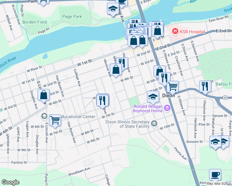 map of restaurants, bars, coffee shops, grocery stores, and more near Monroe Avenue in Dixon