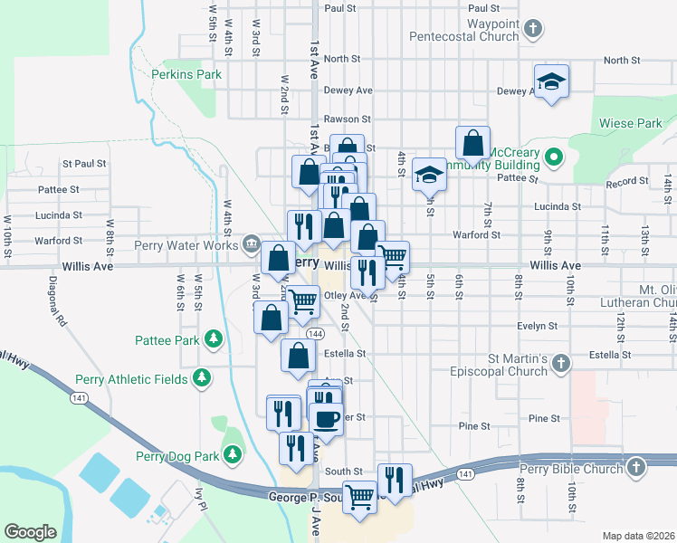 map of restaurants, bars, coffee shops, grocery stores, and more near 1123 Willis Avenue in Perry