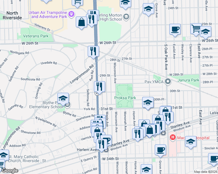 map of restaurants, bars, coffee shops, grocery stores, and more near 2942 Wisconsin Avenue in Berwyn