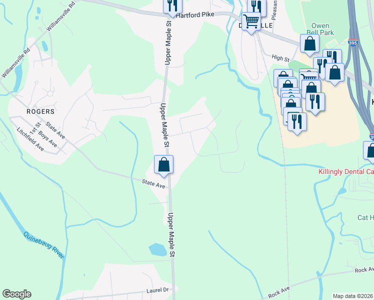 map of restaurants, bars, coffee shops, grocery stores, and more near 11 Kenneth Drive in Killingly