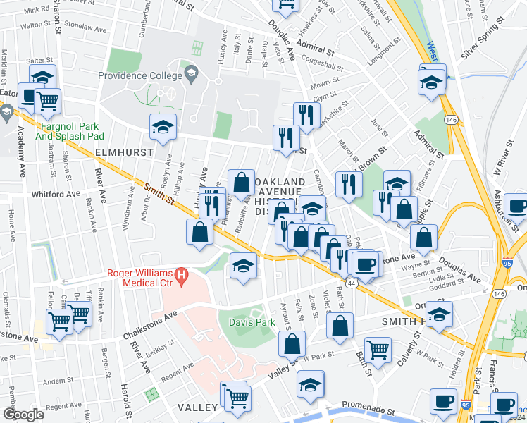 map of restaurants, bars, coffee shops, grocery stores, and more near 63 Pembroke Avenue in Providence