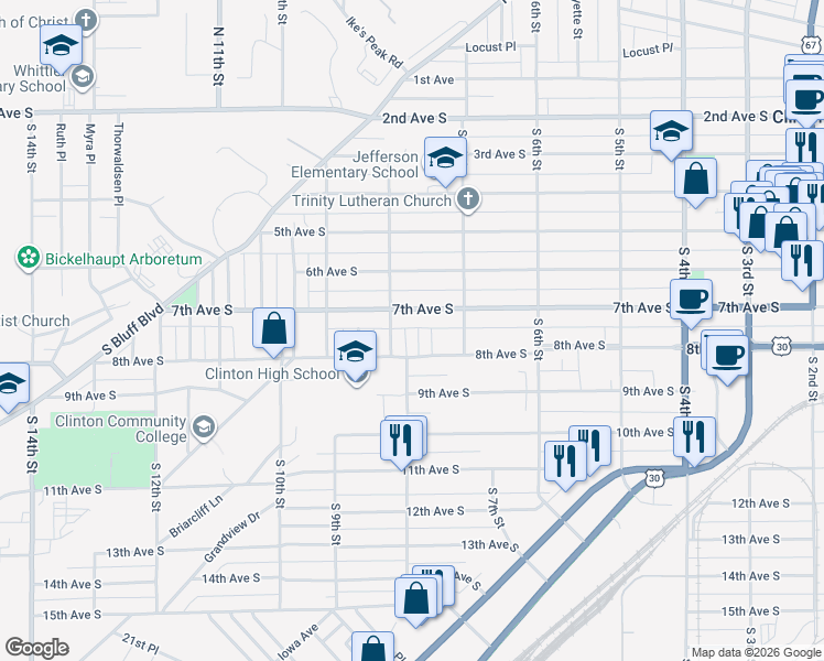 map of restaurants, bars, coffee shops, grocery stores, and more near 714 Albany Court in Clinton