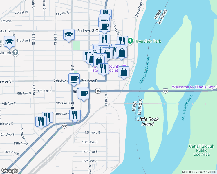 map of restaurants, bars, coffee shops, grocery stores, and more near 717 South 2nd Street in Clinton