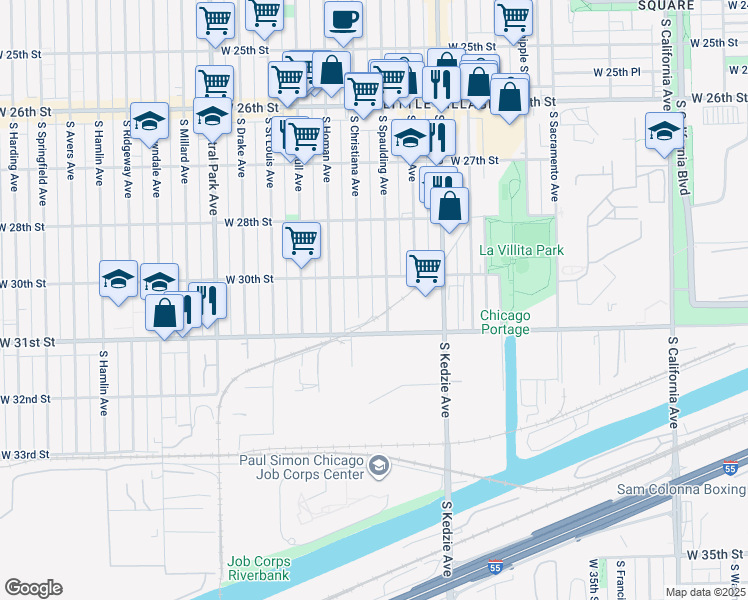 map of restaurants, bars, coffee shops, grocery stores, and more near 3031 South Christiana Avenue in Chicago