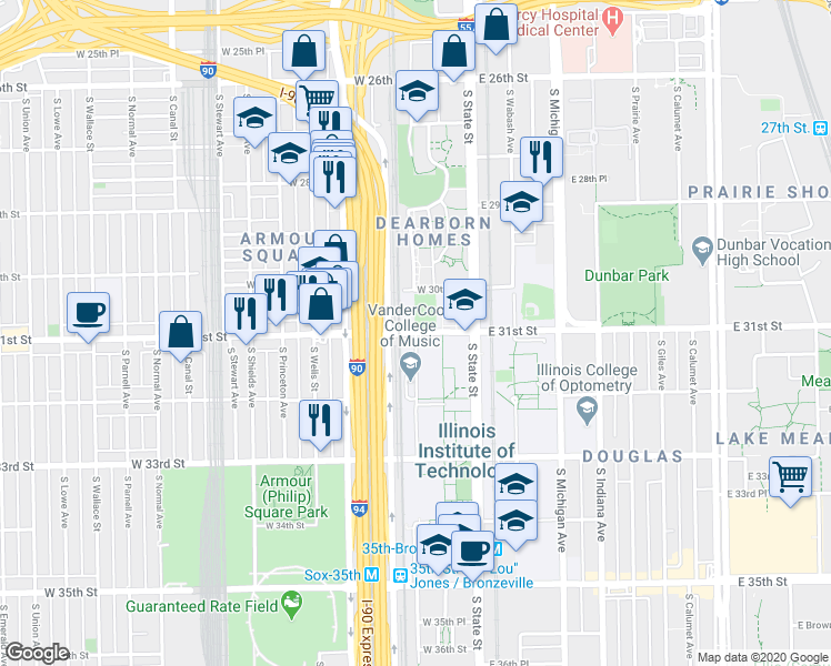 map of restaurants, bars, coffee shops, grocery stores, and more near 3001 South Federal Street in Chicago