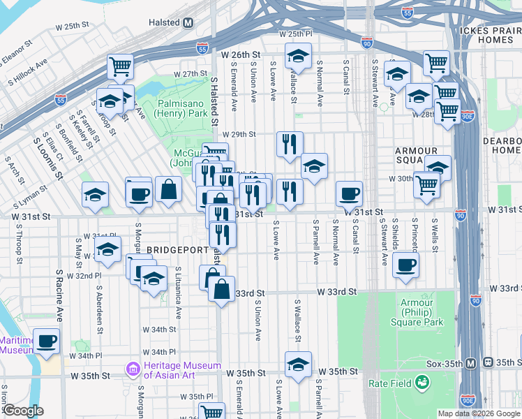 map of restaurants, bars, coffee shops, grocery stores, and more near 647 West 31st Street in Chicago