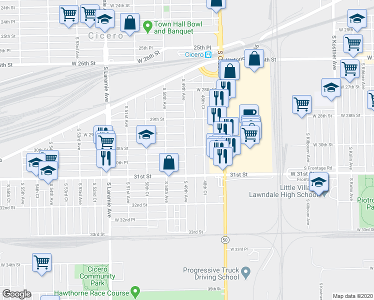 map of restaurants, bars, coffee shops, grocery stores, and more near 3009 South 49th Avenue in Cicero