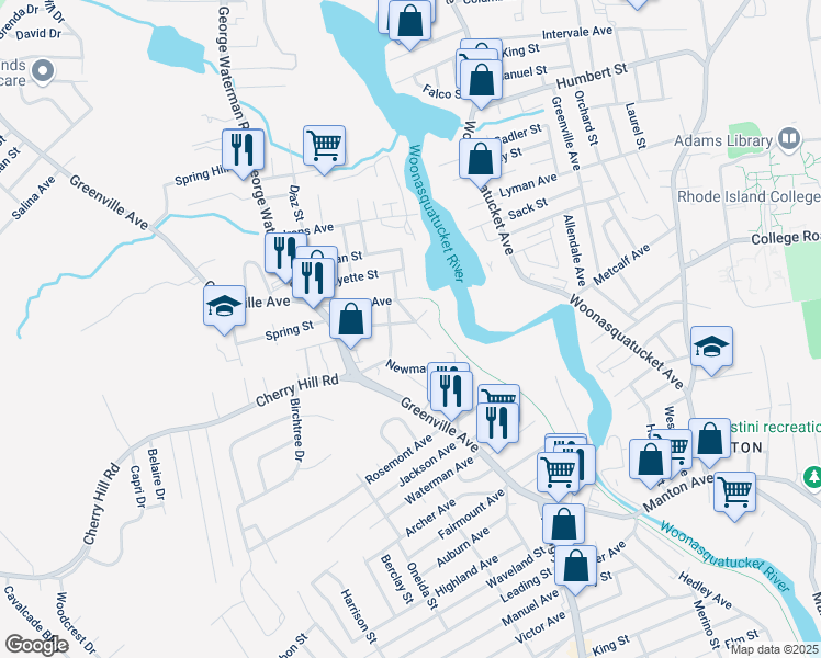 map of restaurants, bars, coffee shops, grocery stores, and more near 39 Binghampton Avenue in Johnston