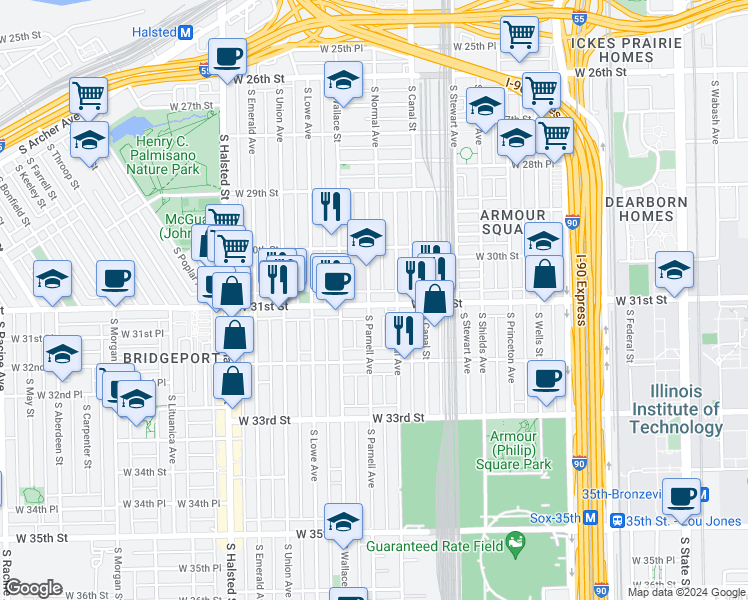 map of restaurants, bars, coffee shops, grocery stores, and more near 522 West 31st Street in Chicago