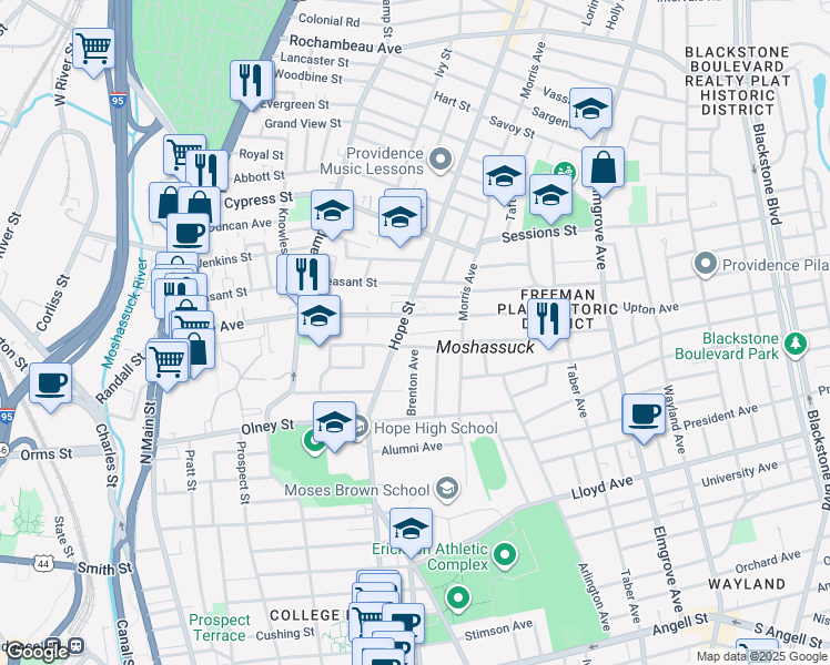 map of restaurants, bars, coffee shops, grocery stores, and more near 12 Montague Street in Providence