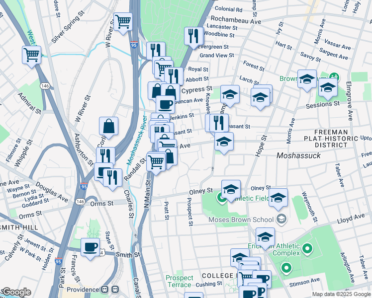 map of restaurants, bars, coffee shops, grocery stores, and more near 54 William Ellery Place in Providence