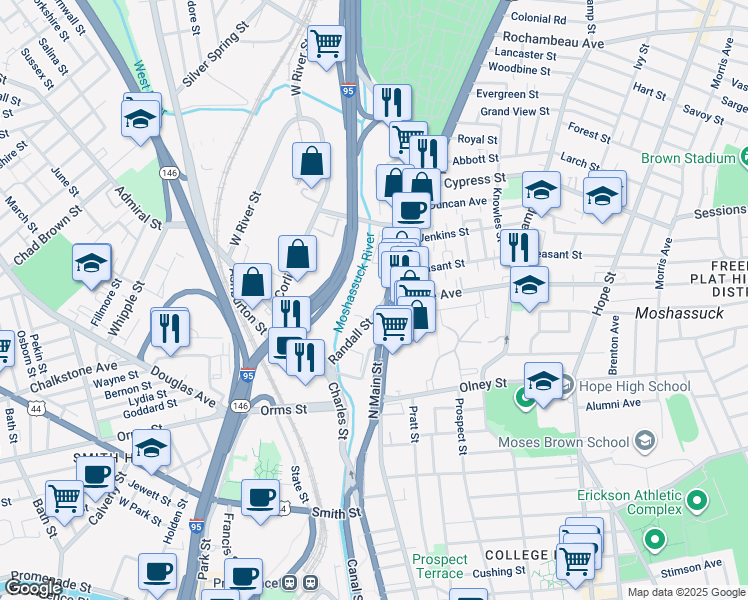 map of restaurants, bars, coffee shops, grocery stores, and more near 50 Randall Street in Providence